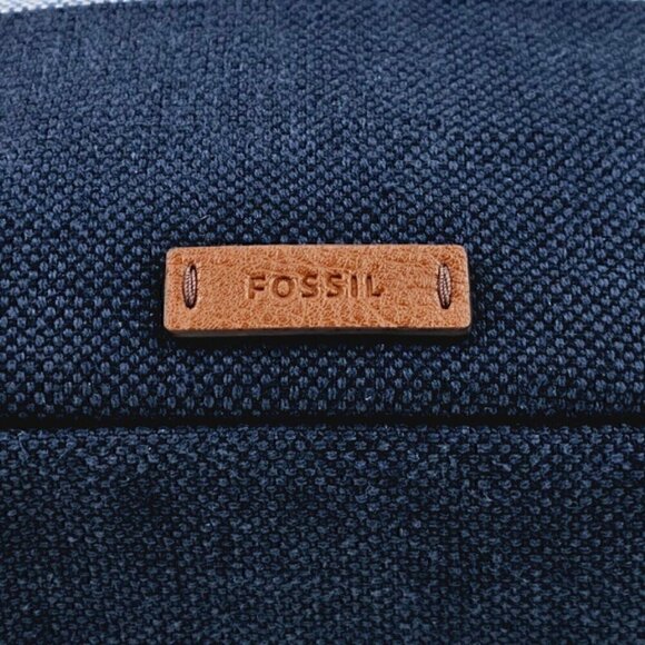 FOSSIL Navy Blue Ivory Striped Linen Crossbody Leather Accents Adjustable Strap - Picture 2 of 16